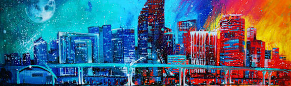 A cityscape painting with a bridge and buildings under a night sky.