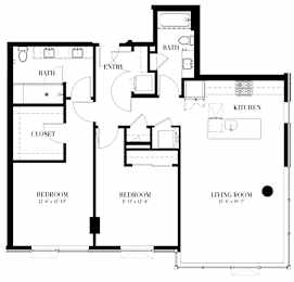 A floor plan of a living space with a kitchen, two bathrooms, two bedrooms, and a living room.