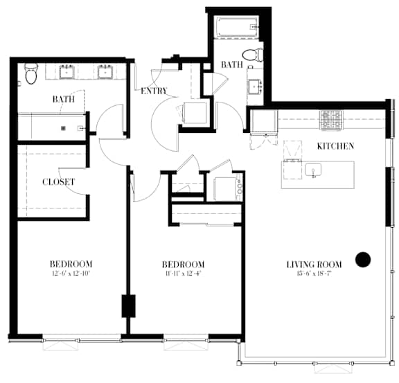 A floor plan of a living space with a kitchen, two bathrooms, two bedrooms, and a living room.