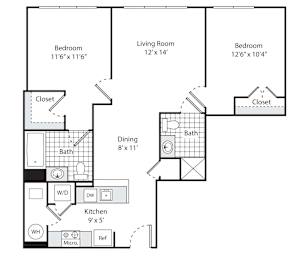 A floor plan for a 2 bedroom, 2 bathroom apartment with a kitchen and living room.
