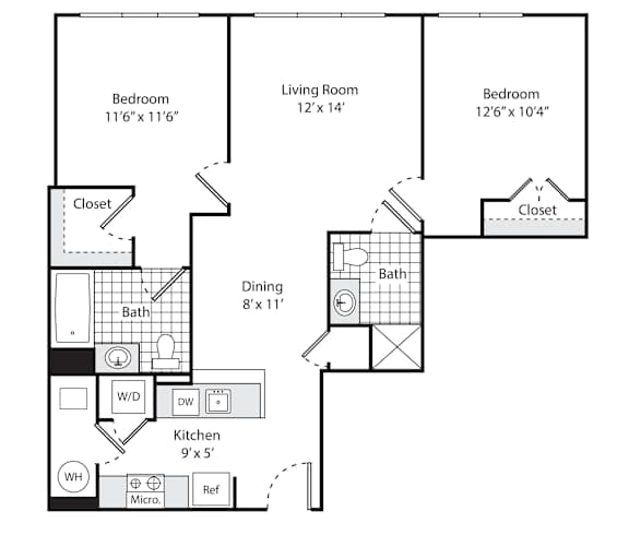 A floor plan for a 2 bedroom, 2 bathroom apartment with a kitchen and living room.