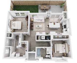 A top down view of a house layout with a kitchen, living room, and bathroom.