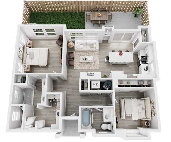 A top down view of a house layout with a kitchen, living room, and bathroom.