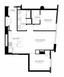 A black and white image of a floor plan for a UNIT-X-1+ BR - 1010 SQ. FT.