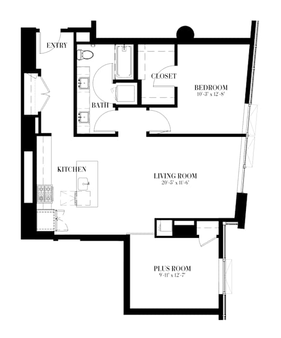 A black and white image of a floor plan for a UNIT-X-1+ BR - 1010 SQ. FT.