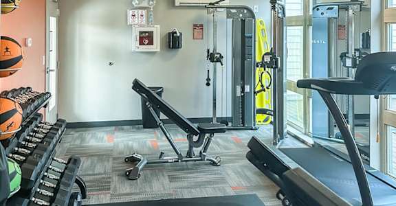 a gym with a treadmill and weights on the floor and a window