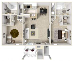2 bed 2 bath A Floor Plan | 1,065 Sq. Ft.at The Woodlands Apartment Homes, Meridian, MS