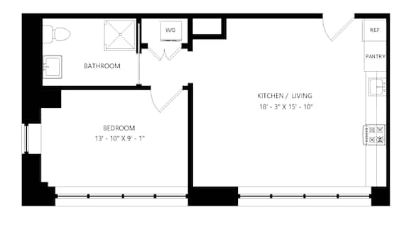 A floor plan of a small apartment with a bedroom, bathroom, kitchen, and living room.