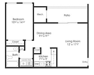 1 Bedroom Floor Plan at The Apartments at Saddle Brooke, Cockeysville, MD, 21030