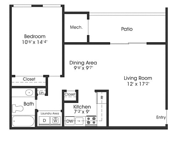 1 Bedroom Floor Plan at The Apartments at Saddle Brooke, Cockeysville, MD, 21030