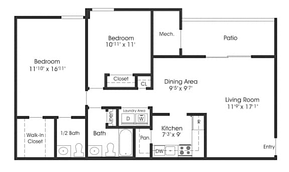 2 Bedroom Floor Plan at The Apartments at Saddle Brooke, Cockeysville, 21030