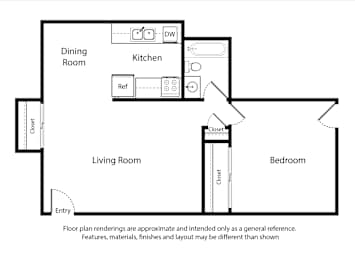 A floor plan for a 1 Bed 1 Bath apartment sized at 580 square feet.