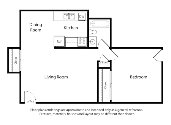 Floor Plan  A floor plan for a 1 Bed 1 Bath apartment sized at 580 square feet.