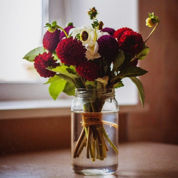 a vase filled with red and white flowers on a table