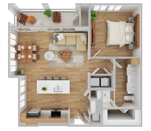 A top-down view of a modern apartment layout with a kitchen, living room, dining area, and bedrooms.