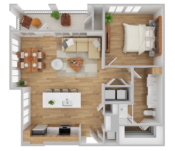 A top-down view of a modern apartment layout with a kitchen, living room, dining area, and bedrooms.