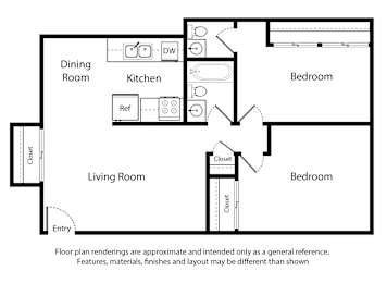 A floor plan of a 2 Bed 1.5 Bath apartment is 792 square feet.
