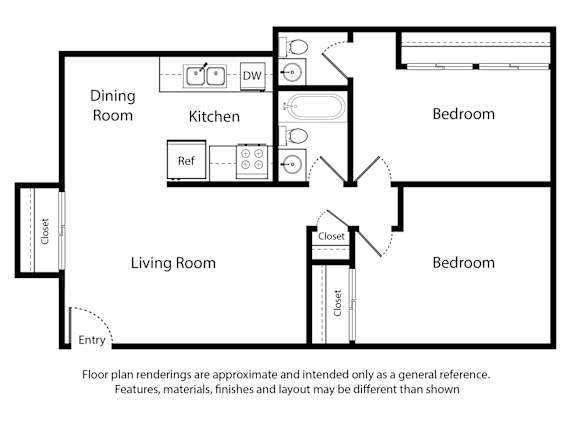 A floor plan of a 2 Bed 1.5 Bath apartment is 792 square feet.