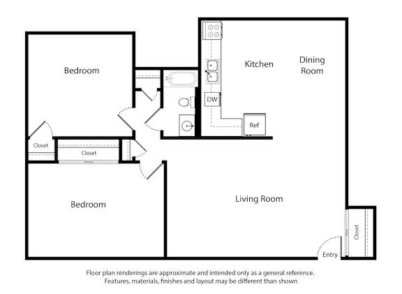 A floor plan of a 2 Bed 1 Bath apartment is 792 square feet.