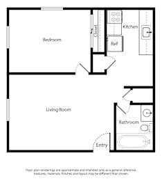 A floor plan of a 1 Bed 1 Bath apartment is 550 square feet.