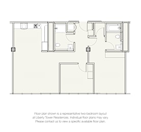 A floor plan for a two-bedroom apartment at Liberty Tower Residences is displayed.