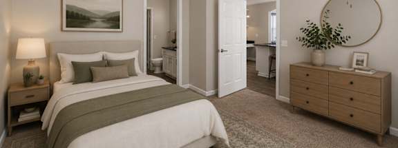 A bedroom with a bed, nightstand, and a painting on the wall.