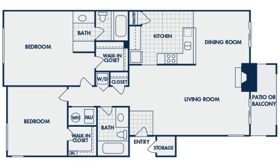 The Cascades Apartments - Baker 2D floor plan - 2 bed 2 bath