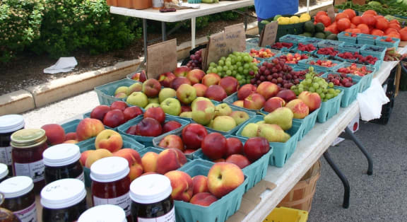 two women buying fruit at an outdoor market