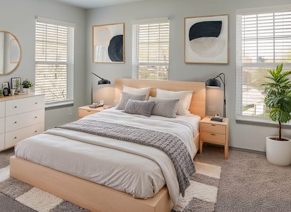 A bedroom with a large bed, two lamps, and two framed pictures on the wall.