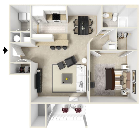 One bedroom floor plan for rent | 800 Sq. Ft. at Parkwest Apartment Homes in Hattiesburg, MS