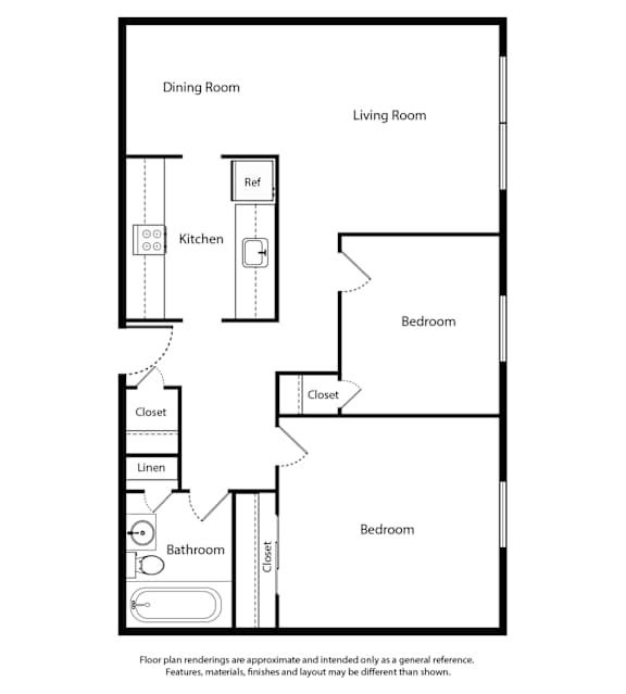 A floor plan of a 2 Bed 1 Bath apartment is 785 square feet.