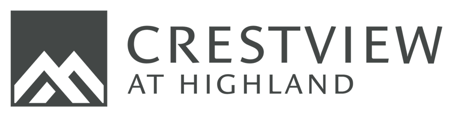 A black and white image of a mountain with the words "CRESTVIEW AT HIGHLAND" written below it.