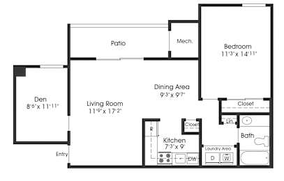 1 Bedroom Den Floor Plan at The Apartments at Saddle Brooke, Cockeysville, MD