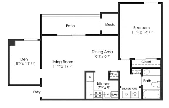 1 Bedroom Den Floor Plan at The Apartments at Saddle Brooke, Cockeysville, MD