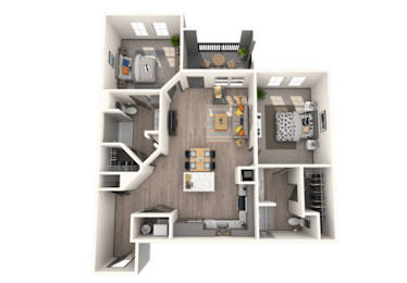 A floor plan of a small apartment with a kitchen, living room, and two bedrooms.