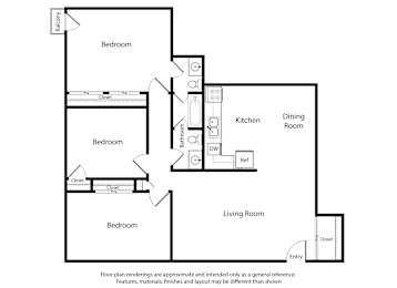 A floor plan for a 3 Bed 1.5 Bath - 1000 SQ FT.