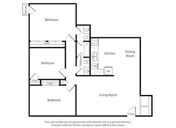 A floor plan for a 3 Bed 1.5 Bath - 1000 SQ FT.