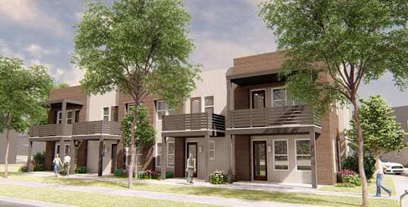 a rendering of a three story house with trees and a sidewalk