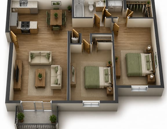 A bedroom with a bed, nightstands, and a door  at Meadow View Apartments and Townhomes, Springboro, 45066.