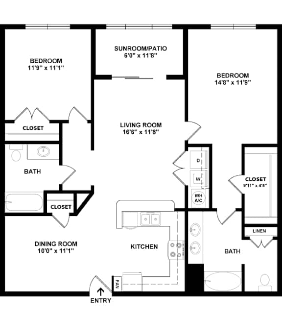A black and white image of a floor plan for a home with a living room, kitchen, dining room, and two bedrooms.
