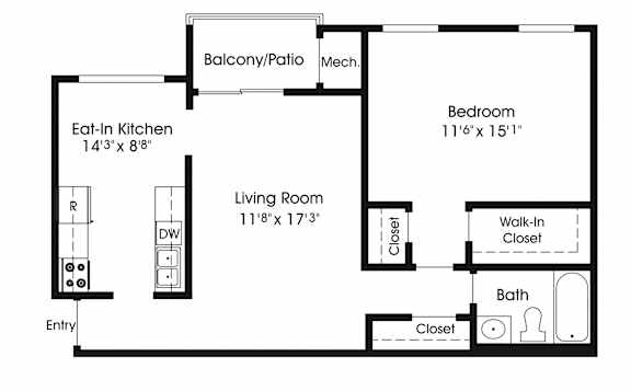 1 Bedroom With Patio Floor Plan at The Apartments at Canterbury, Rosedale, 21237