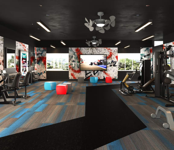 a rendering of a fitness room with a tv and exercise equipment  at Track 281 Apartments, California, 95811