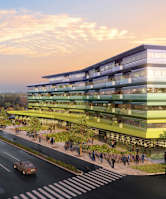 A rendering of a modern building with a green and white facade and a large glass window.