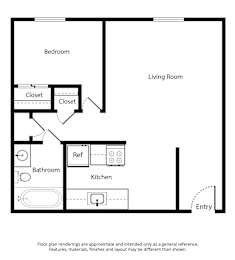 A floor plan for a 1 Bed 1 Bath - 540 SQ FT layout.
