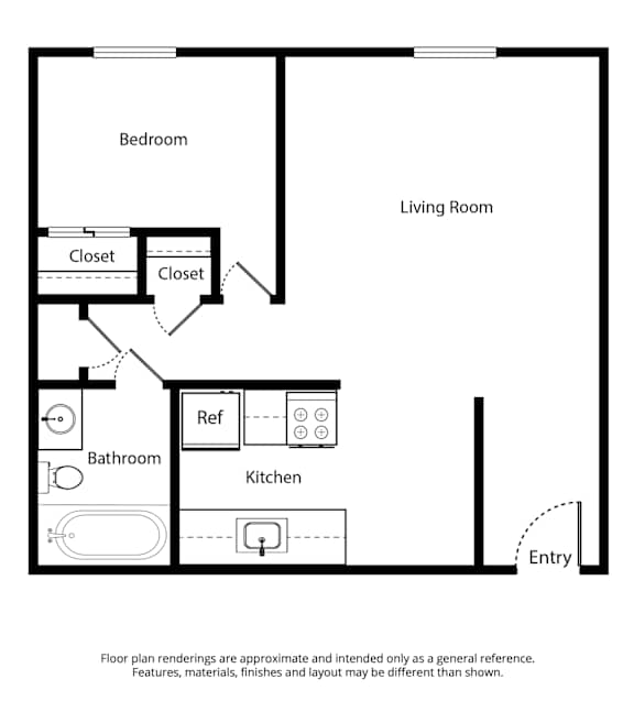 A floor plan for a 1 Bed 1 Bath - 540 SQ FT layout.