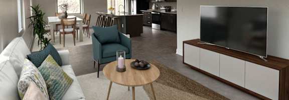 A kitchen area with a table and chairs.