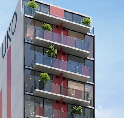 a rendering of a tall building with balconies and plants