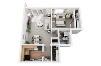 A 3D floor plan of a small apartment with a kitchen, living room, and bedroom.