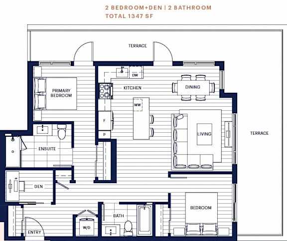 Penthouse 2 bed and den 2 bath 1347sf