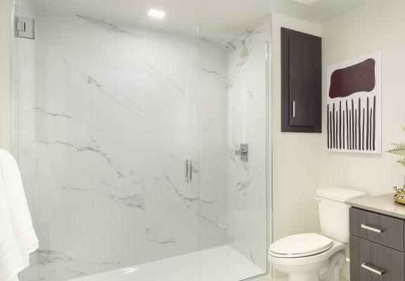 a bathroom with a sink and a shower and a toilet